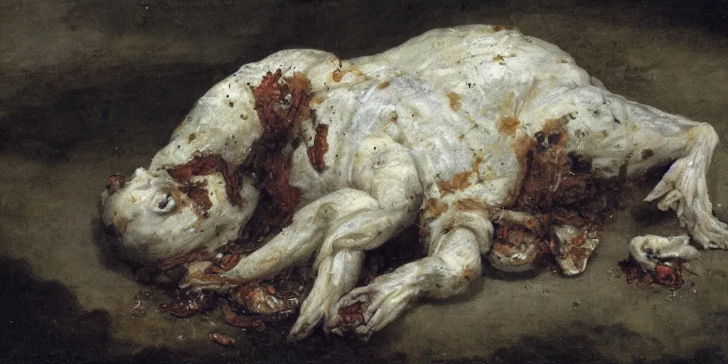 Prompt: the lamb lies with maggots, the corpse bloated with rage