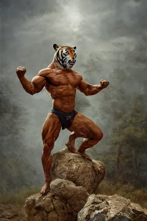 Image similar to a humanoid muscular man with a tiger mask stands on a rock by greg rutkowski, magic realism, hyper realistic, 2 0 0 mm lens