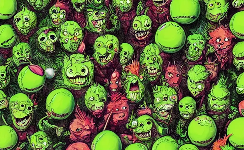 Image similar to an army of different green tennis ball monsters, colorful, digital art, fantasy, magic, chalk, trending on artstation, ultra detailed, detailed, fine details, professional illustration by basil gogos