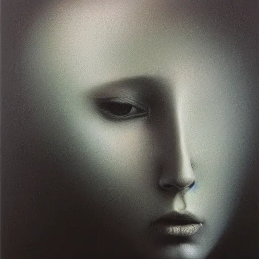 Prompt: woman face staring, portrait, flash, 80mm F2.8, single light source, painting by Zdzislaw Beksinski
