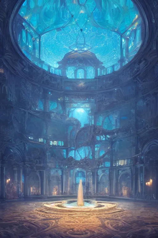 Image similar to inside of an atlantis palace, bioluminescent light, fountain, crystals, intricate, elegant, volumetric lighting, digital painting, highly detailed, artstation, sharp focus, illustration, concept art, ruan jia, steve mccurry