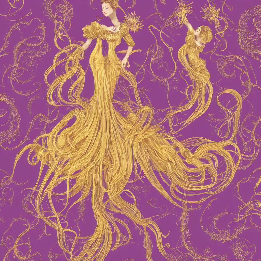 Prompt: Goldenpurple dress design in the style of rococo,Victorian era,jellyfish element,dreamy, soft,Backlight ,luminescence,highly detailed,8k