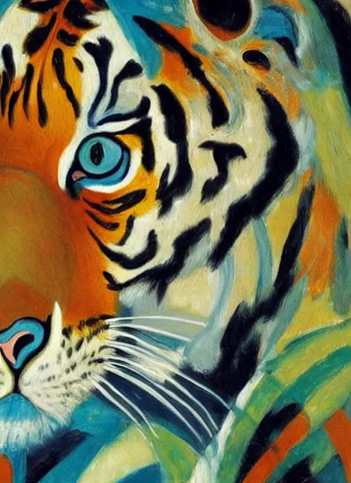 Image similar to an oil painting of a tiger, by Ernst Wilhelm Nay, symbolist, soft colors, dramatic lighting, smooth, sharp focus, extremely detailed, aesthetically pleasing composition