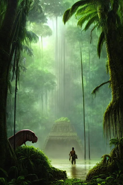 Prompt: a swampy tropical forest surprising a ancient mayan ruins with argentinosaurus walking around, tone mapped, shiny, intricate, cinematic lighting, highly detailed, digital painting, artstation, concept art, smooth, sharp focus, illustration, art by arthur haas and bruce pennington and john schoenherr