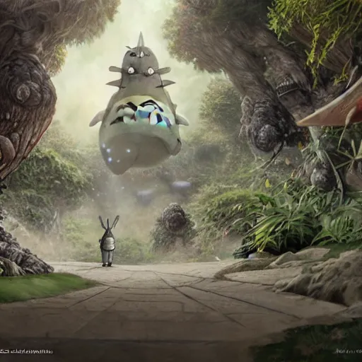 Image similar to totoro jedi slaying with lord, intricate detail, royo, klimt, miro, vallejo, frazetta, giger, whealan, hd, unreal engine,