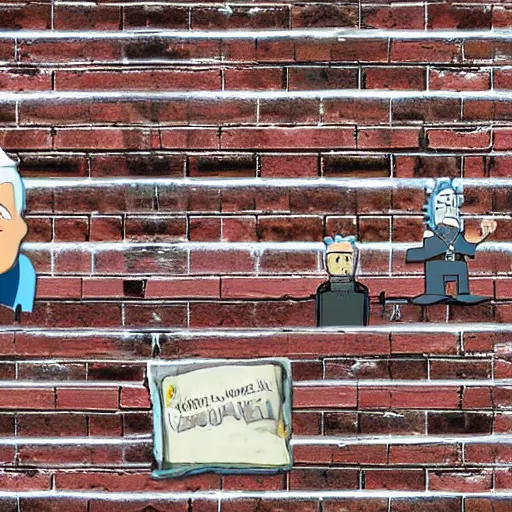 Image similar to a wall of bricks with rick Sanchez’s face and in between the bricks is mortar with Morty smith’s face