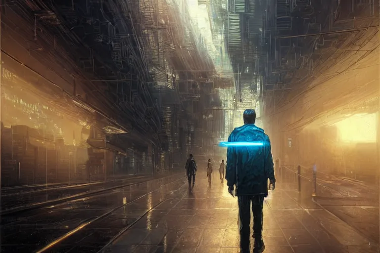 Prompt: A neuromancer very highly detailed digital artist with very highly detailed face on the street of a very highly detailed neuromancer sci-fi city digital rational painting art by Greg Rutkowski, sci-fi highly detailed, digital concept art, Dimensional cyan gold natural light, sharp focus, Golden Ratio illustration, realistic concept art by Stephen Hickman and James Gurney and Hiromasa Ogura Ghost in the Shell rendered in Octane Render, From the distance