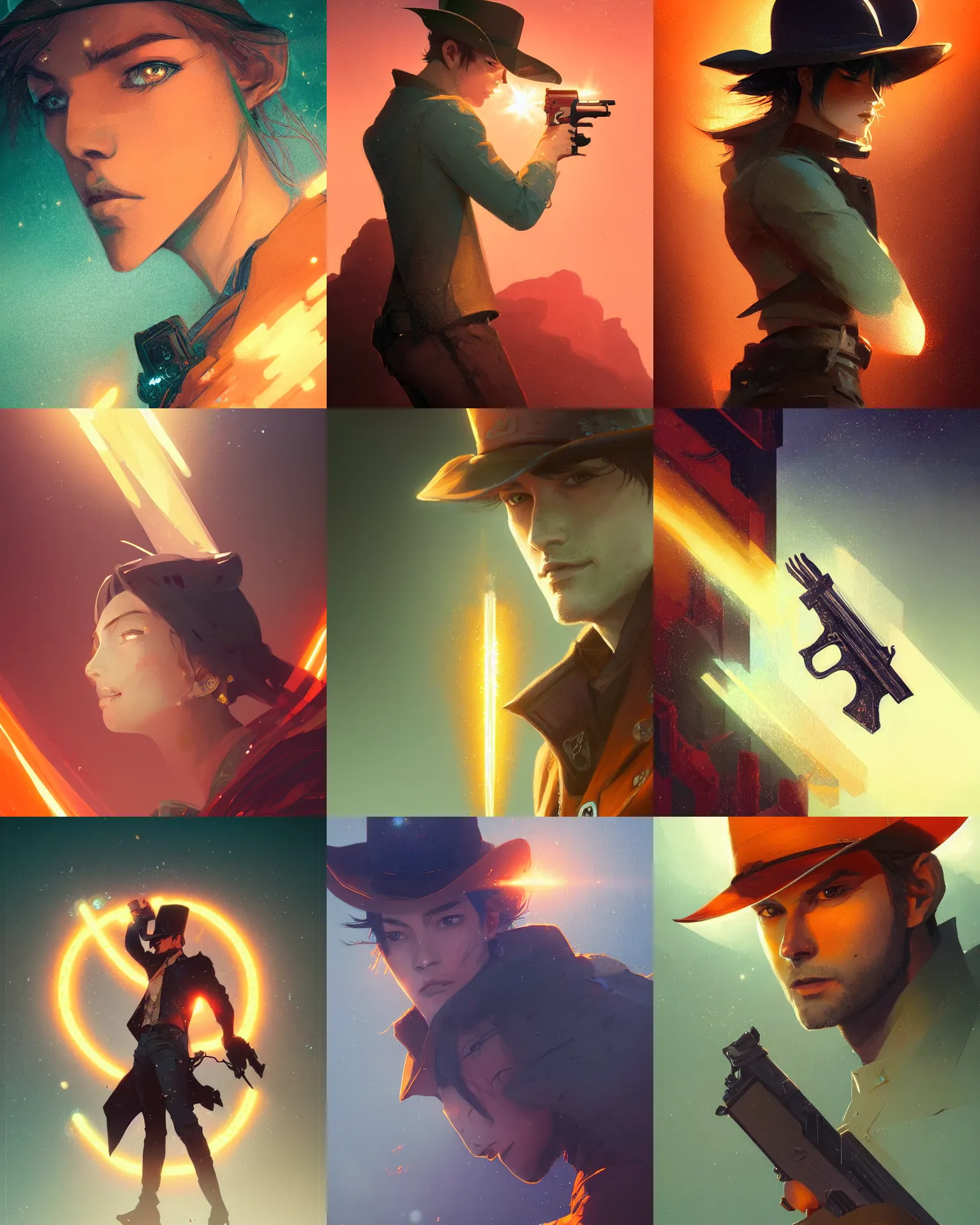 Prompt: portrait of a gunslinger, light dust, magnificent, close up, gradiant orange to emerald, triangles in background, details, sharp focus, elegant, highly detailed, illustration, by Jordan Grimmer and greg rutkowski and PiNe(パイネ) and 薯子Imoko and 香川悠作 and wlop and maya takamura, intricate, beautiful, Trending artstation, pixiv, digital Art