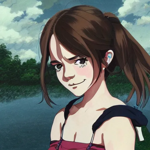 Image similar to a portrait painting of emma watson as anime girl by studio ghibli