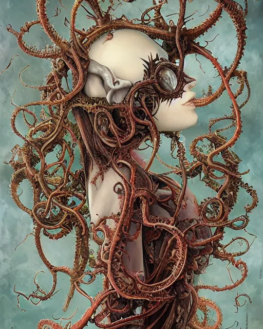 Prompt: centered horrific detailed side view profile portrait of a insane, crazed, mad zombie woman, ornate tentacles growing around, ornamentation, thorns, vines, tentacles, elegant, beautifully soft lit, full frame, by wayne barlowe, peter mohrbacher, kelly mckernan, h r giger