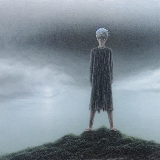 Image similar to killua zoldyck made by zdzisław beksinski, thunderstorm, 8 k, detailed, cinematic, rain, crying, black