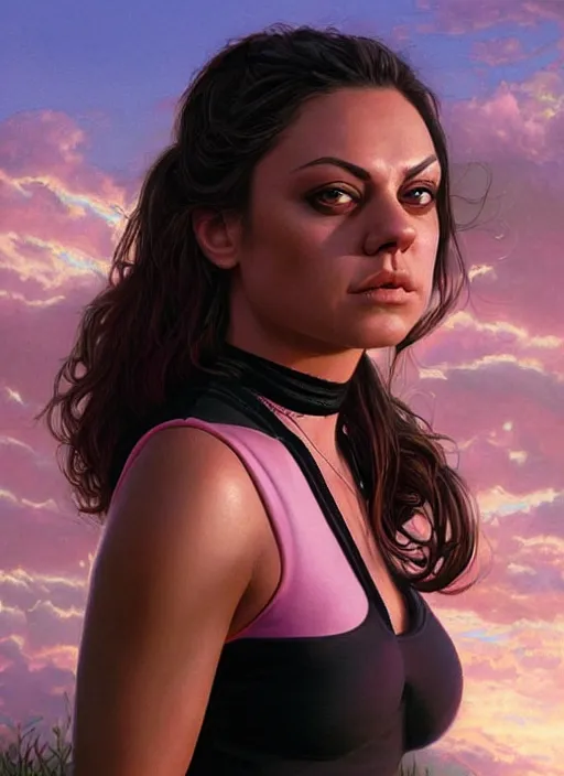 Image similar to epic portrait of Mila Kunis wearing black choker, a very strong muscled Amazon heroine, sun beams across sky, pink golden hour, intricate, elegance, highly detailed, shallow depth of field, epic vista, concept art, art by Artgerm and Donato Giancola, Joseph Christian Leyendecker