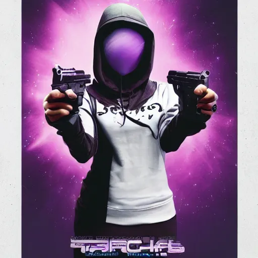 Prompt: poster artwork, sci fi, a female, full body, black hoodie techie, black hair with purple streaks, holding a gun, 8 k