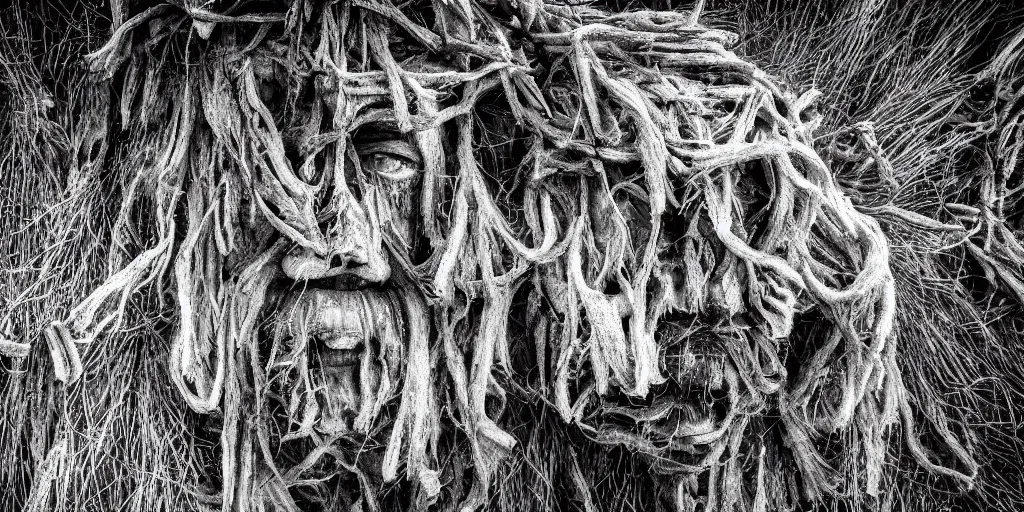 Prompt: photography of wood hay monsters, edelweiss growing from their head, forest, dolomites, alpine, detailed intricate insanely detailed octane render, 8k artistic 1920s photography, photorealistic, black and white, chiaroscuro, hd, by David Cronenberg, Raphael, Caravaggio