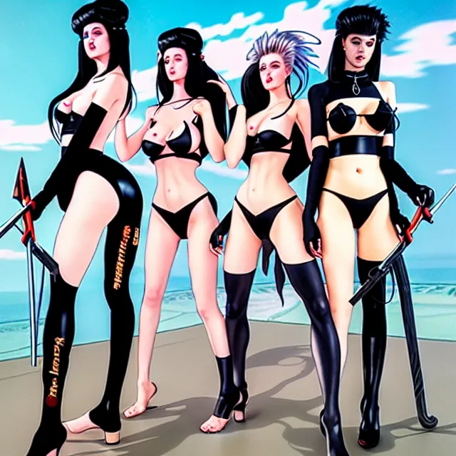 Prompt: three of beautiful goth girls fighting slavery cosplay with black hair in bikini armor, light makeup, fully tattooed, clothes fully on, art by hiroshi nagai and stanley lau and artgem and wlop and magali villeneuve and karol bak and gennady ulybin