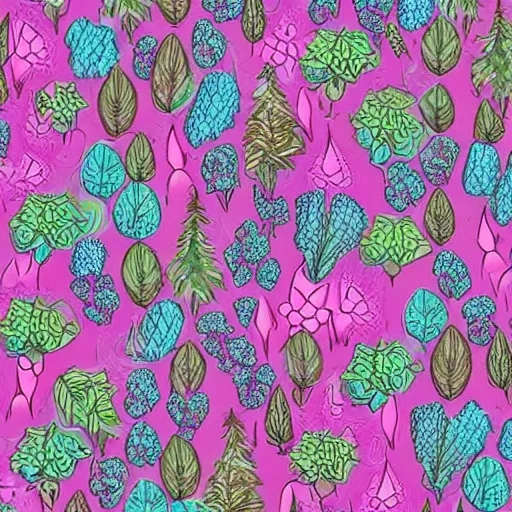 Image similar to pink and purple and turquoise crystals, green vines, forest trees, fantasy and floral