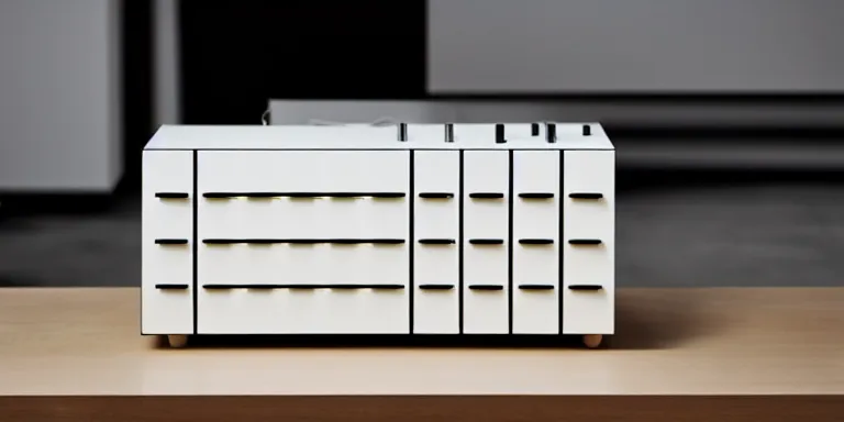 Image similar to dezeen showroom, minimalissimo, archdaily, visualpleasure, 2 0 4 6 lab, teenage engineering moad, mother of all decks, product design concept, product shot of moog melotron synthesizer designed by dieter rams, jony ives, 8 k, highly detailed photo