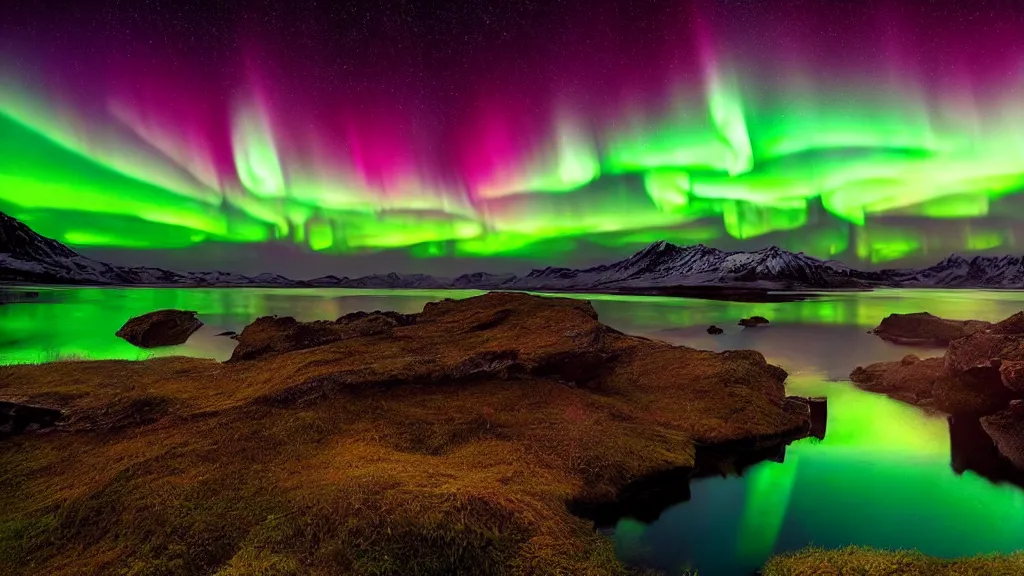 Image similar to amazing landscape photo of aurora lights with lake in sunset by marc adamus, beautiful dramatic lighting