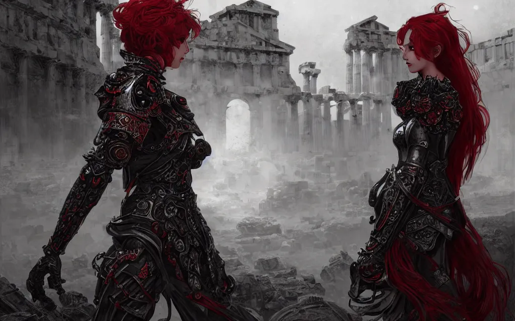 Prompt: portrait knights of zodiac girl, matt black / little red color armor, in ruined agora of athens, ssci - fi and fantasy, intricate and very very beautiful and elegant, highly detailed, digital painting, artstation, concept art, frostbite engine, smooth and sharp focus, illustration, art by tian zi and wlop and alphonse mucha