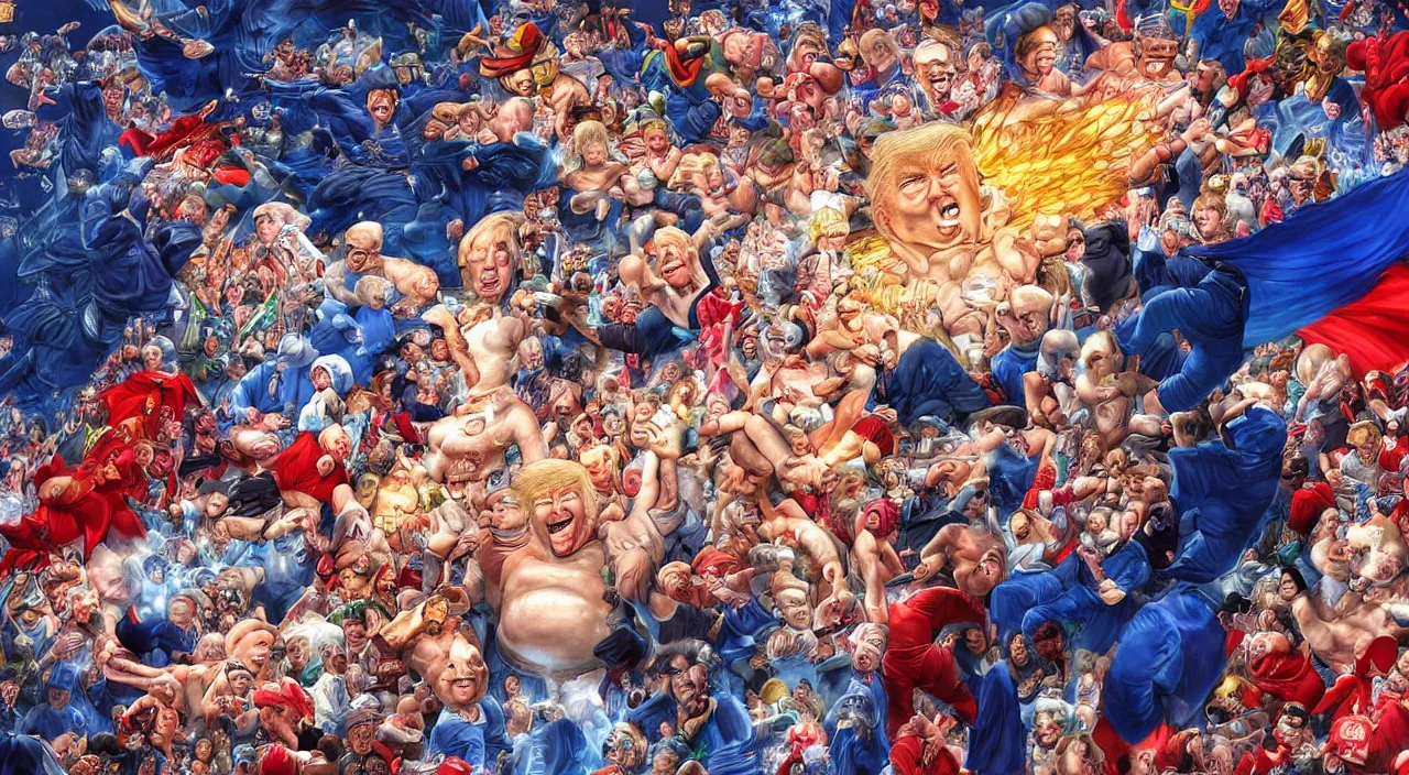 Prompt: putin giving birth to donald trump highly detailed digital painting by akira toriyama, trending on artstation, epic, volumetric lighting