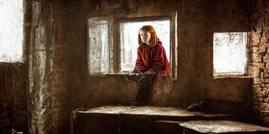 Prompt: at night, sadie sink in hoodie sits on windowsill, knees tucked in | rain falls, old brick wall with ussr propaganda posters : imax film, anamorphic, single long shot from schindler's list by steven spielberg. cyberpunk, cinematic atmosphere, detailed and intricate, perfect anatomy