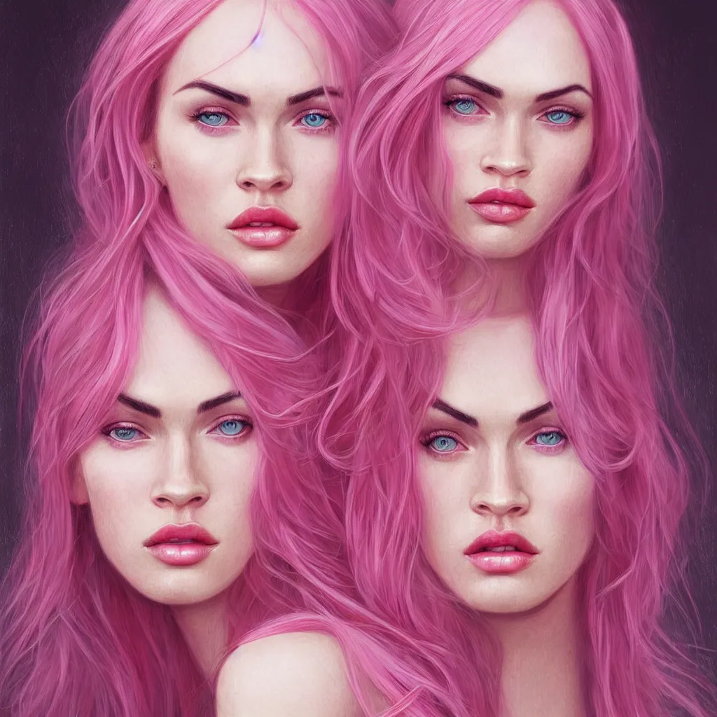 Image similar to Portrait of a beautiful pale skin Nordic female megan fox with long pink hair, elegant, photorealistic, highly detailed, artstation, smooth, sharp focus, gold ornaments, neon lighting, sci-fi, art by Klimt