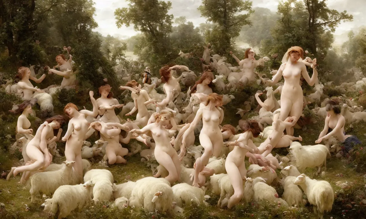 Prompt: a luminous springtime fairytale of beautiful women frolicking together among a herd of sheep in a romantic Scottish Highland setting, baroque, masterpiece 4k digital illustration by Ruan Jia and Mandy Jurgens and William-Adolphe Bouguereau, award winning, Artstation, Gustave Dore' background, intricate details, realistic, panoramic view, volumetric lighting, sun rays beaming, Hyperdetailed, 8k resolution, golden hour, intricate art nouveau, smooth, sharp focus, rendered in Unreal Engine 3