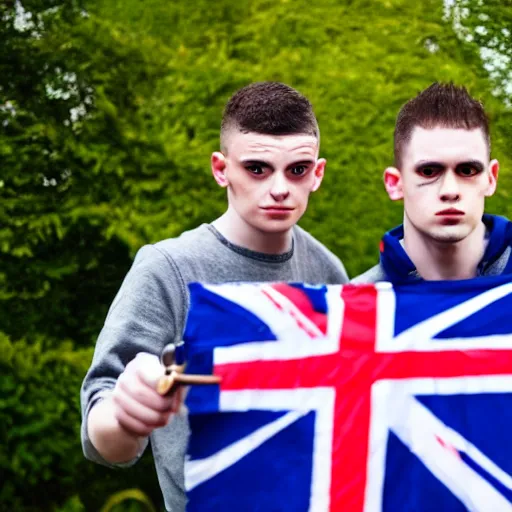 Image similar to mid-shot portrait photograph of two male British chav youths holding knives and smoking in front of the Union Jack, high quality