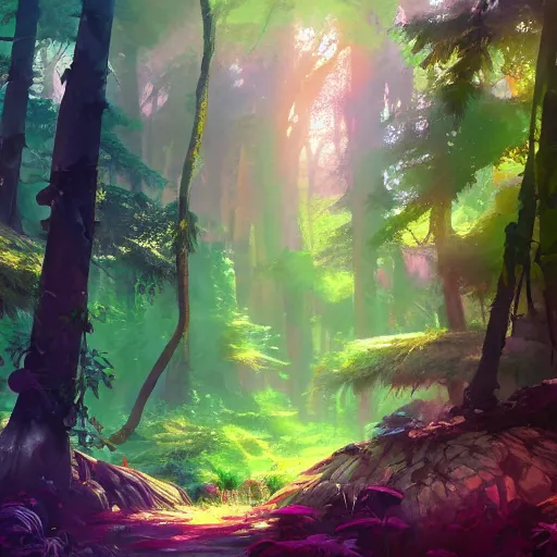 Image similar to concept art painting of a mystical colorful forest, with fog and strange colorful plants, realistic, detailed, cel shaded, in the style of makoto shinkai and greg rutkowski and james gurney