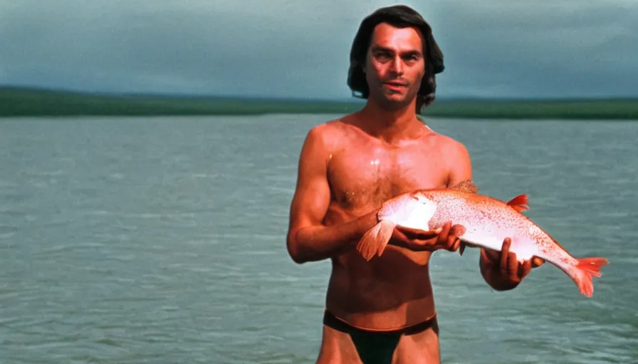 Image similar to 7 0 s movie still of thierry baudet in speedo, proudly holding a salmon on a fishing trip in siberia. cinestill 8 0 0 t _ 3 5 mm eastmancolor, heavy grain, high quality, high detail