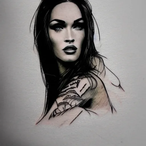 Image similar to double exposure realism tattoo sketch of megan fox with beautiful mountain scenery, in the style of andrey lukovnikov