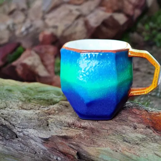 Image similar to brightly colored geodesic ceramic mug with iridescent glaze