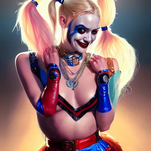 Prompt: Harley Quinn, Portrait of a girl with blonde hair and two pigtails wearing a shiny latex top, face, fantasy, intricate, elegant, highly detailed, digital painting, artstation, concept art, smooth, sharp focus, illustration, art by Fernanda Suarez and Artem Demura and alphonse mucha