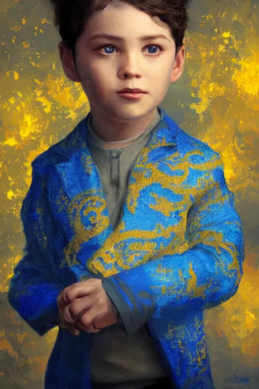 Image similar to little boy, close - up portrait, the portrait is decorated with blue and gold art deco patterns, powerfull, intricate, elegant, volumetric lighting, scenery, digital painting, highly detailed, artstation, sharp focus, illustration, concept art, ruan jia, steve mccurry