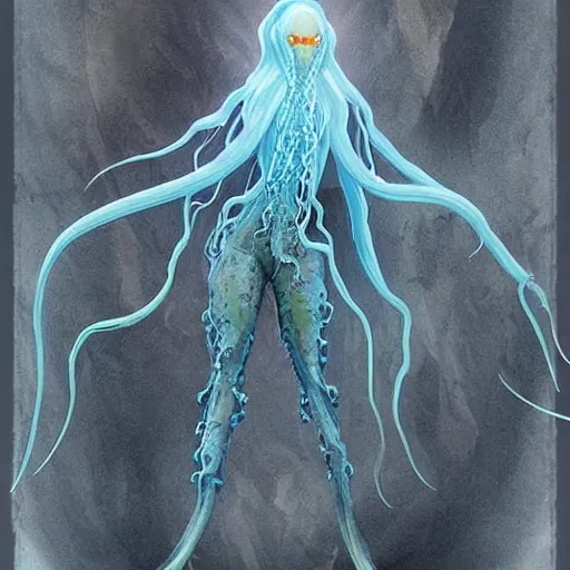 Prompt: concept designs for an ethereal wraith like figure with a squid like parasite latched onto its head and four long tentacle arms that flow lazily but gracefully at its sides like a jellyfish while it floats around a frozen rocky tundra in the snow searching for lost shiny trinkets and that hides amongst the shadows in the trees, this character has cryokinesis and umbrakinesis and electrokinesis for the resident evil village video game franchise with inspiration from the franchise Bloodborne and the mind flayer from stranger things on netflix in the style of a fluffy muppet