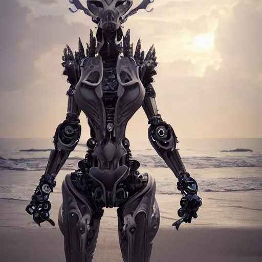 Prompt: a highly detailed beautiful anthropomorphic robot female dragon with smooth and streamlined armor, standing and posing elegantly, with sharp claws on her hands and feet, long tail with a blade on the end, on the beach, artstation, DeviantArt, professional, octane render