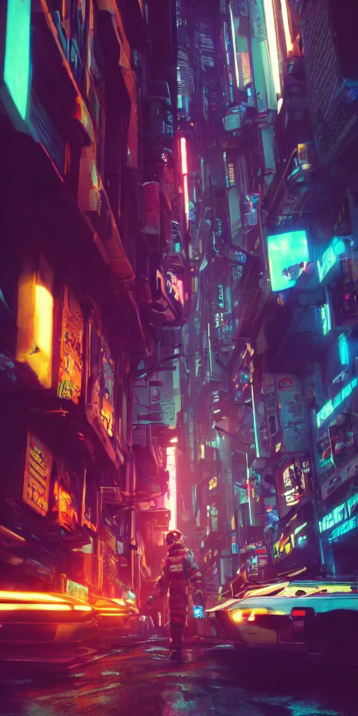 Image similar to professional photo of astronaut on cyberpunk street from low angle shot, synthwave, blade runner, hyperrealistic masterpiece, trending on artstation, cgsociety, kodakchrome, golden ratio, cinematic, composition, beautiful lighting, hyper detailed, sharp focus, octane render, 4 k, unreal engine