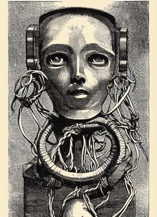 Prompt: 19th century wood-engraving of a slender humanoid robot with eyes unraveling itself into a rope, whole page illustration from Jules Verne book titled Stardust Crusaders, art by Édouard Riou Jules Férat and Henri de Montaut, frontal portrait, high quality, beautiful, highly detailed, removed watermarks
