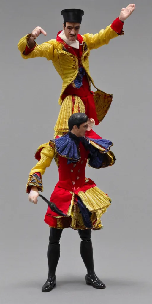 Image similar to bootleg plastic figure of a spanish bullfighter cursed photography, middle shot