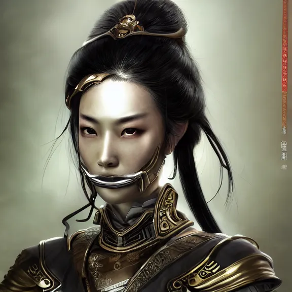 Image similar to ancient chinese princess with cyberpunk mask, dynasty warriors, elegant, unreal engine, rgb background, 8 k, silver color scheme, headshot, highly detailed, smooth, ink painting, artstation, concept art, in style of yoji shinkawa, pan ren wei, col price, atey ghailan, by greg rutkowski, aesthetic