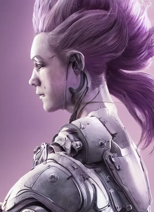 Image similar to close up portrait of a pale woman in power armor with purple ponytail hair, elegant, stoic, intense, ultrafine hyperdetailed illustration by kim jung gi, irakli nadar, intricate linework, sharp focus, bright colors, octopath traveler, yoji shinkawa, highly rendered, global illumination, radiant light, detailed, intricate environment