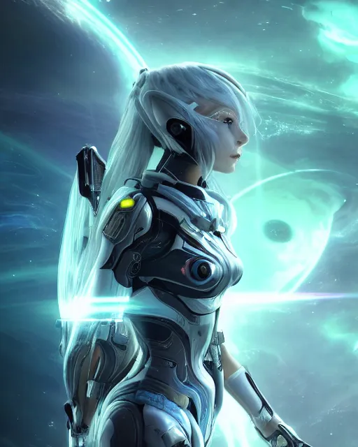 Image similar to photo of a android girl on a mothership, warframe armor, beautiful face, scifi, nebula reflections, futuristic background, dreamy, long white hair, blue android eyes, glowing, 8 k high definition, insanely detailed, intricate, innocent, art by akihiko yoshida, antilous chao, li zixin, woo kim