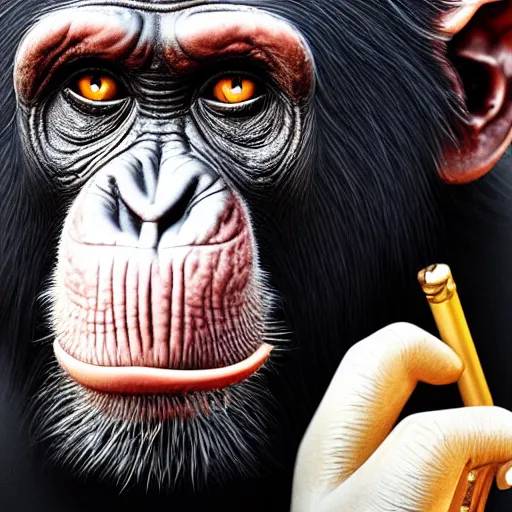 Image similar to a high detail shot of a chimp wearing a suit, smoking, render, cgsociety, photorealism