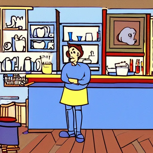 Prompt: bluey in a cafe at a dog shelter, cartoon, animation cel