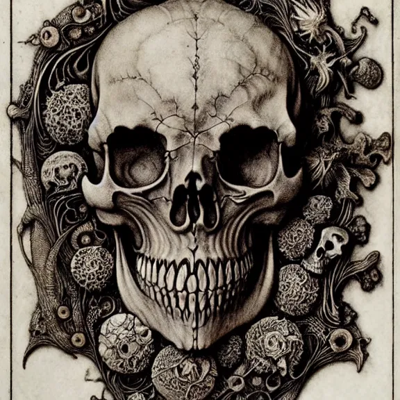 Prompt: memento mori by arthur rackham, art forms of nature by ernst haeckel, exquisitely detailed, art nouveau, gothic, ornately carved beautiful skull dominant, intricately carved antique bone, art nouveau botanicals, ornamental bone carvings, art forms of nature by ernst haeckel, horizontal symmetry, arthur rackham, ernst haeckel, symbolist, visionary