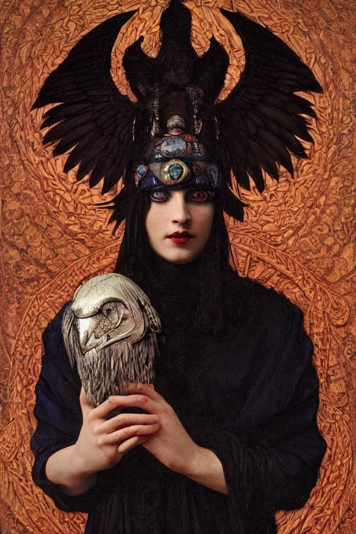 Image similar to portrait of a goth shaman with the head of a raven, by Annie Swynnerton and Nicholas Roerich and John Bauer and John William Godward and Donato Giancola and Vermeer, black leather and embroidered velvet, iridescent beetles, rich color, dramatic cinematic lighting, featured on Artstation, extremely detailed