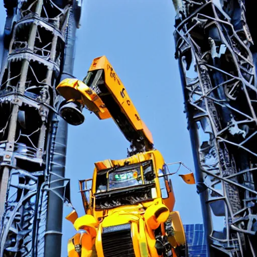 Prompt: stock photo of the theme park ride of the power loader mech vertical drop ride by James Cameron