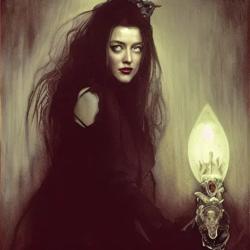 Image similar to hyperrealistic portrait of amber heard as a vampire witch in a black coat holding a human skull as a crystal ball. by jeremy mann and alphonse mucha, fantasy art, photo realistic, dynamic lighting, artstation, poster, volumetric lighting, very detailed faces, 4 k, award winning