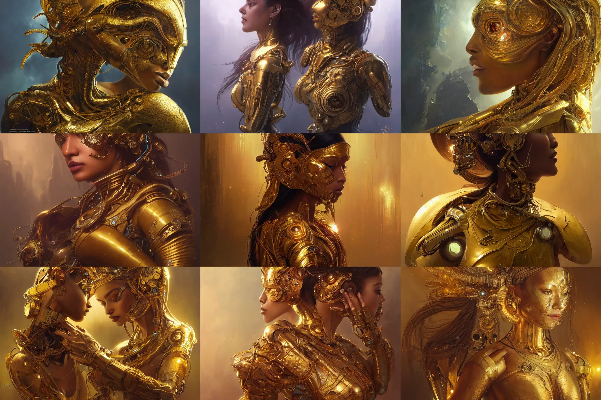 Prompt: Ultra realistic,golden cyborg east Javan woman, cyberpunk, sci-fi, fantasy, intricate, elegant, highly detailed, digital painting, artstation, concept art, smooth, sharp focus, illustration, art by artgerm and greg rutkowski and alphonse mucha