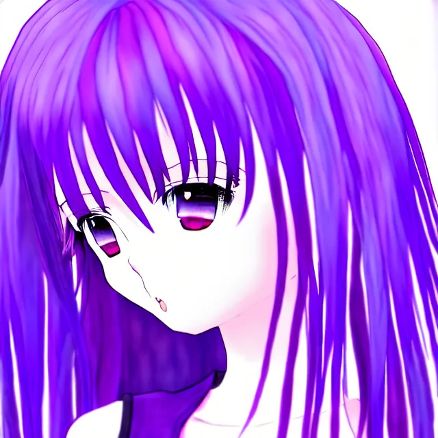 Image similar to anime girl with lavender hair, purple eyes and white dress, profile photo, digital artwork, very beautiful face, extremely detailed